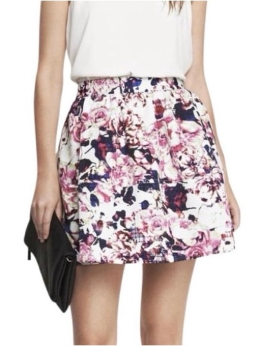 Express| NEW White Floral Satin Taffeta Mini Skirt in Pink & Navy Sz 0 NWT